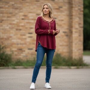 Free People Rainbow Embroidered Henley Thermal Top with Raw Edges